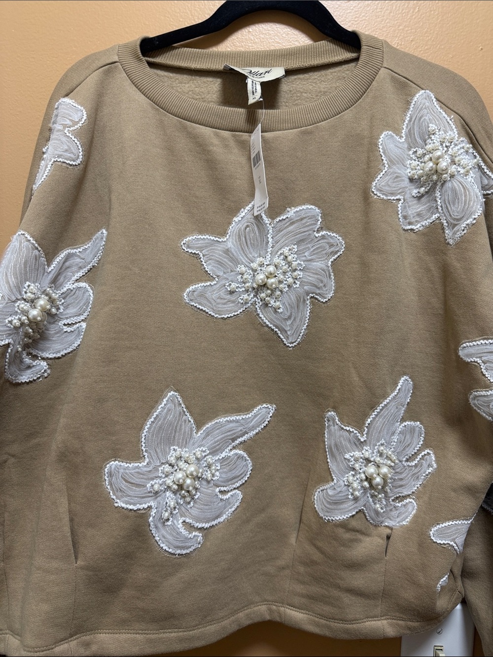 Embellished Floral Appliqué Sweatshirt - Tan with White Flowers